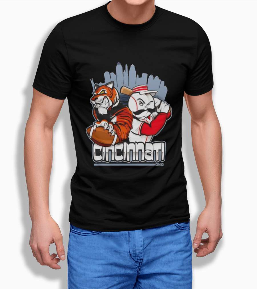 Cincinnati Reds Bengals Skyline Ohio Tiger And Baseball Character 2026 T-Shirt