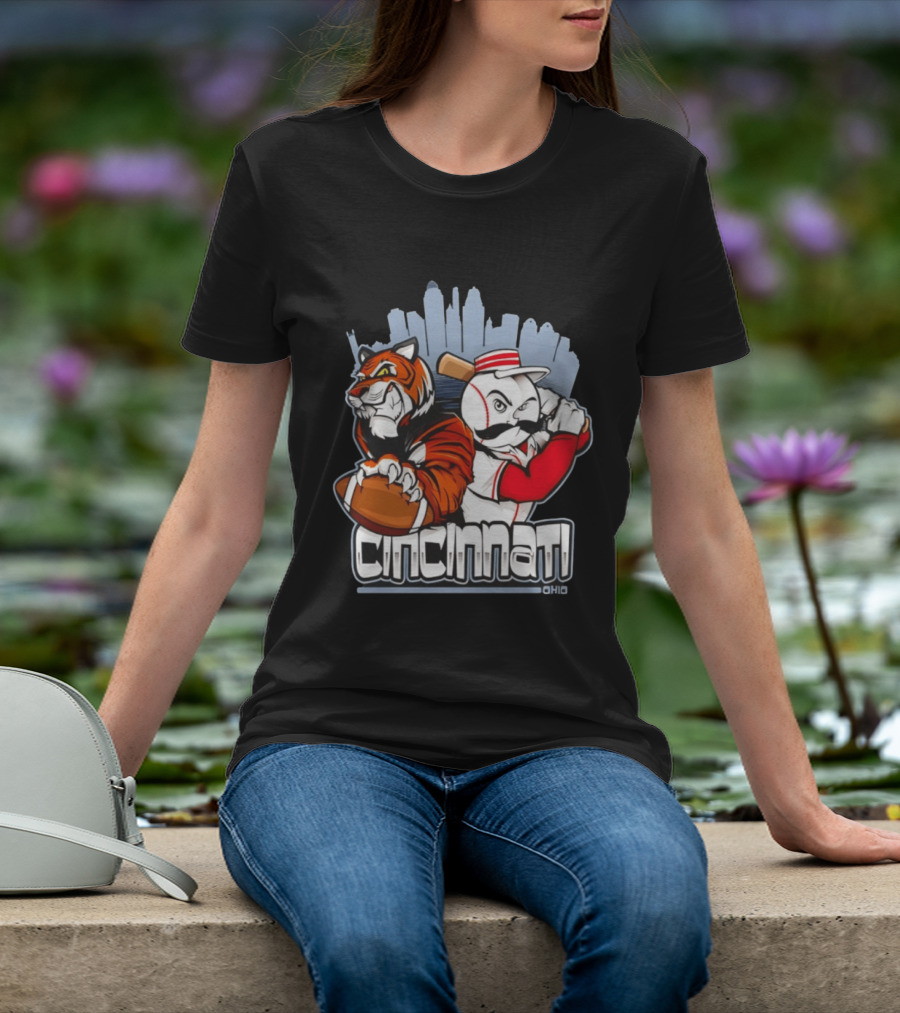 Cincinnati Reds Bengals Skyline Ohio Tiger And Baseball Character 2026 T-Shirt