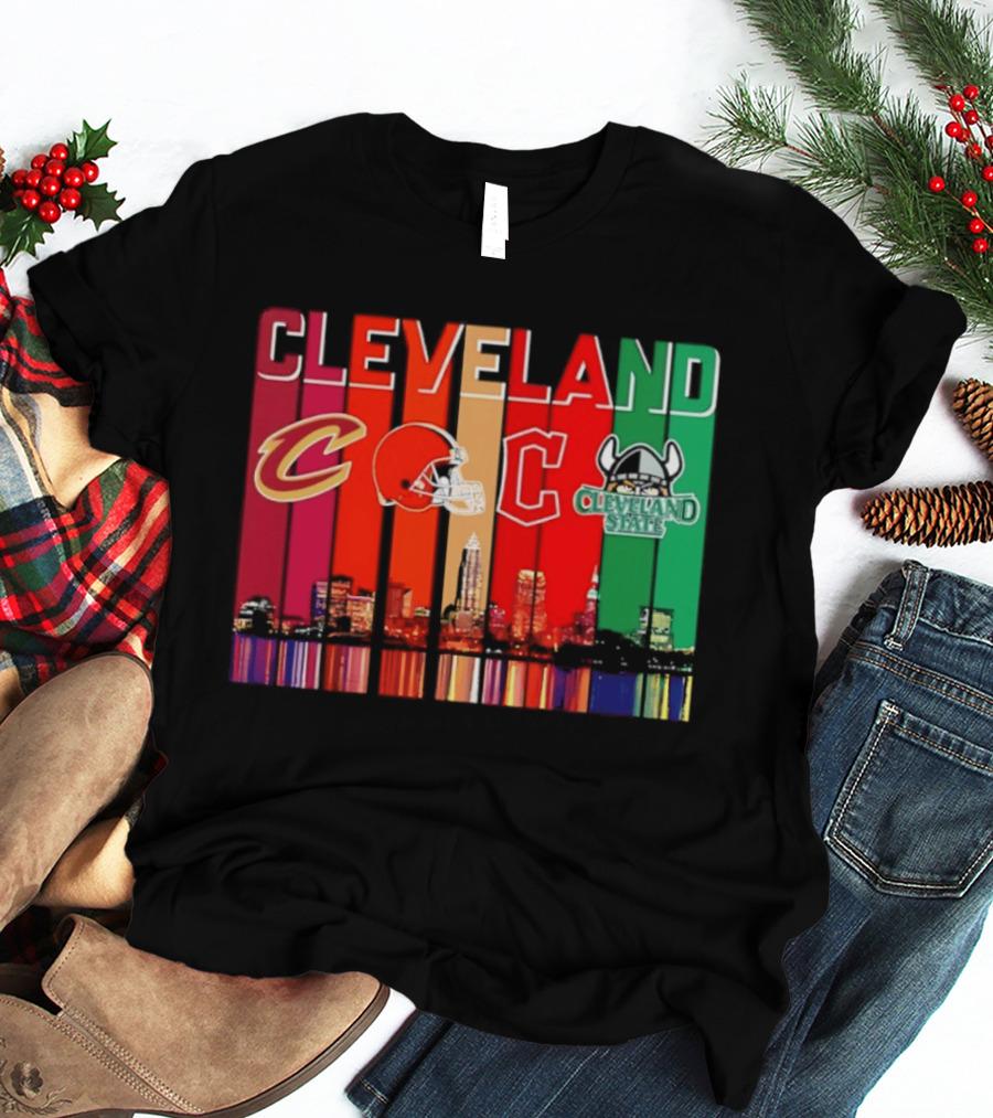Cleveland Cavaliers Browns Guardians Cleveland State Vikings City Skyline T-Shirt