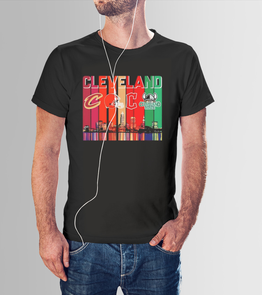 Cleveland Cavaliers Browns Guardians Cleveland State Vikings City Skyline T-Shirt