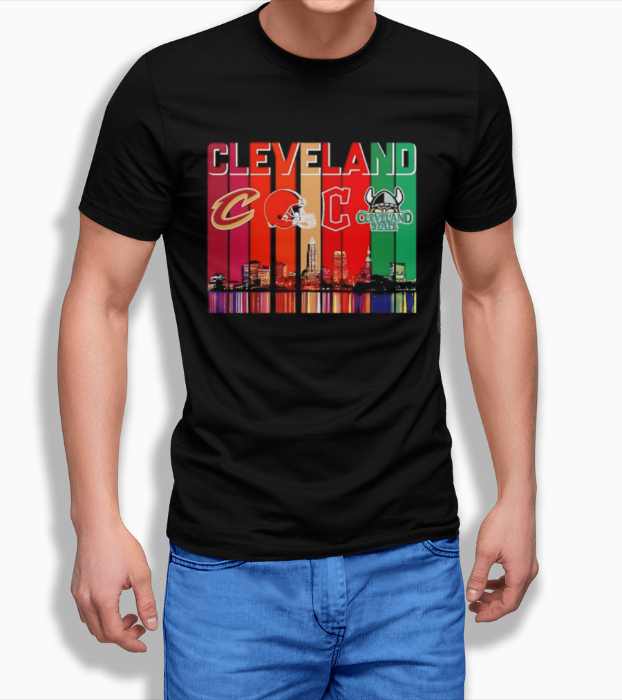 Cleveland Cavaliers Browns Guardians Cleveland State Vikings City Skyline T-Shirt