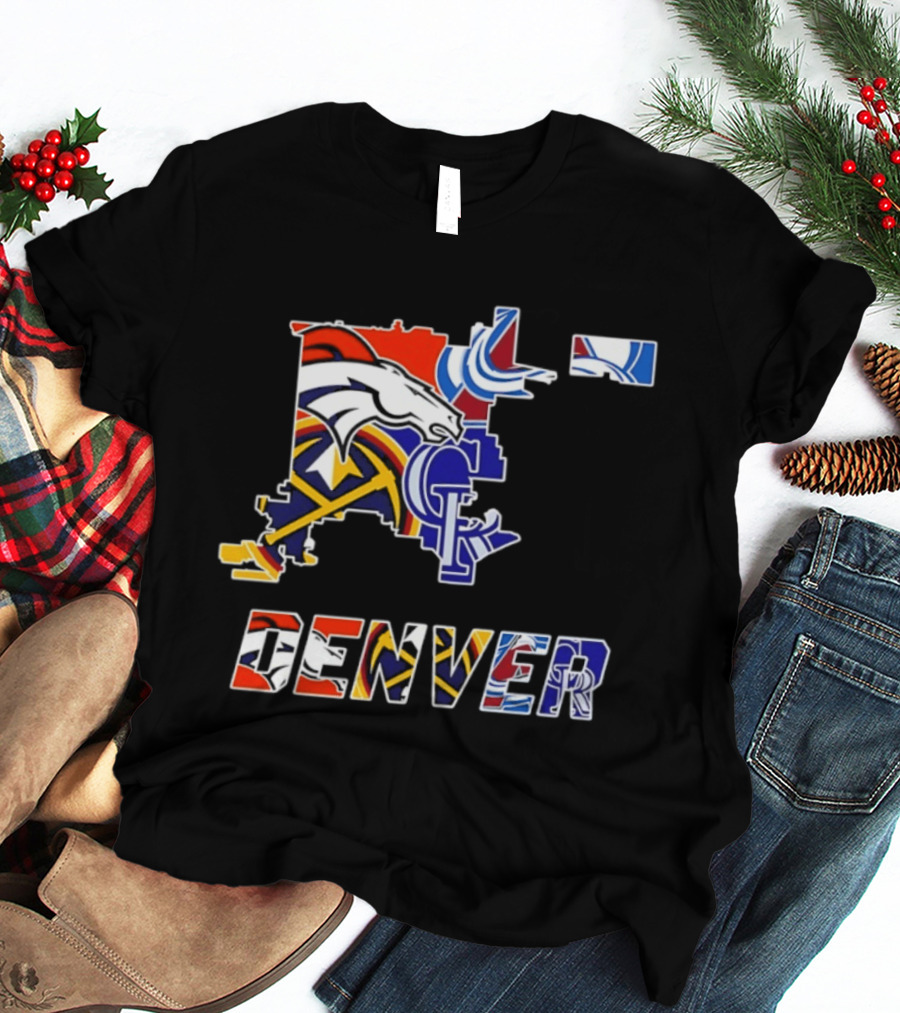 Denver Broncos Nuggets Avalanche Rockies Map Sports Team Logos T-Shirt