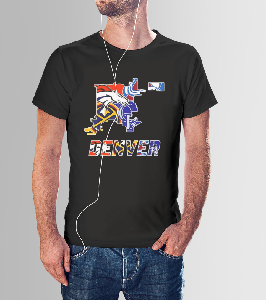 Denver Broncos Nuggets Avalanche Rockies Map Sports Team Logos T-Shirt