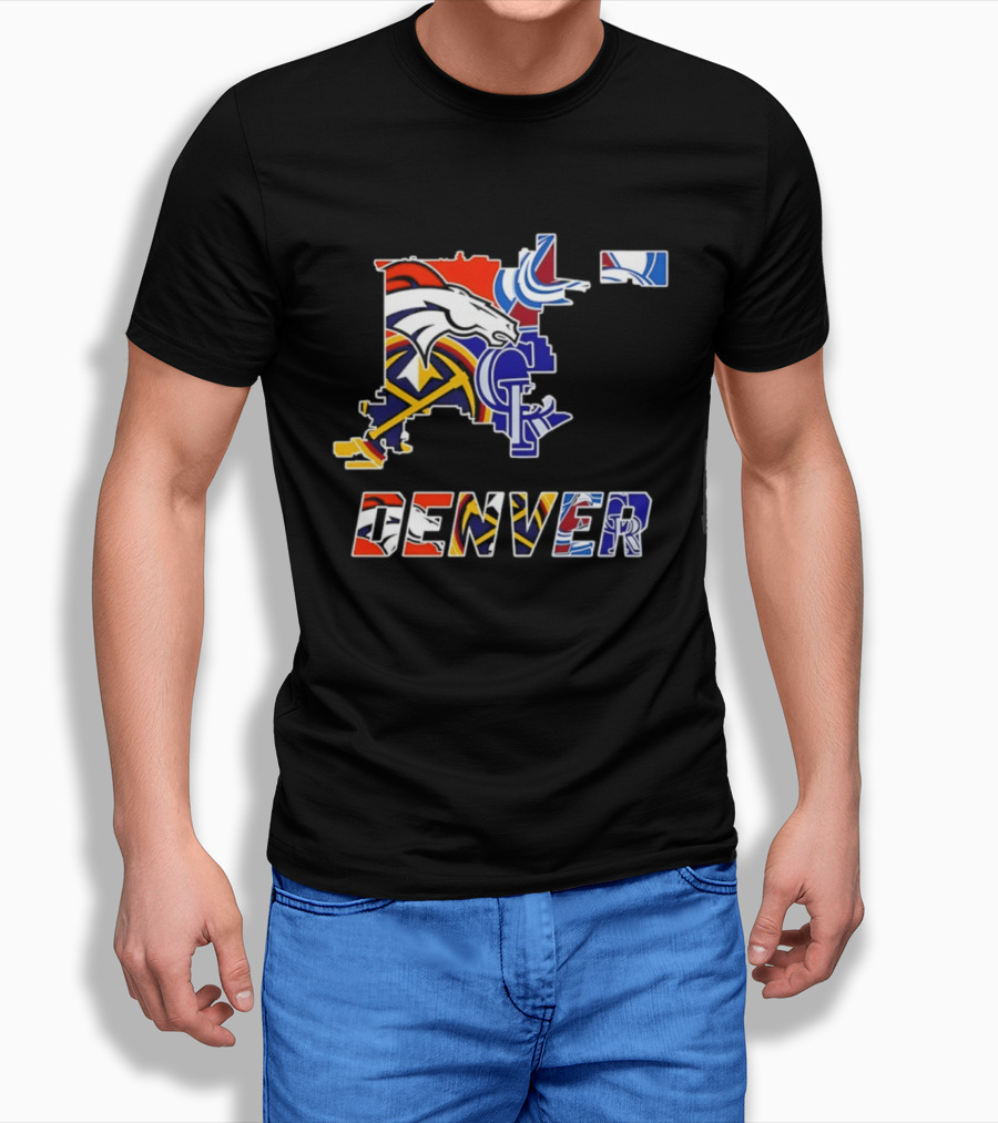 Denver Broncos Nuggets Avalanche Rockies Map Sports Team Logos T-Shirt
