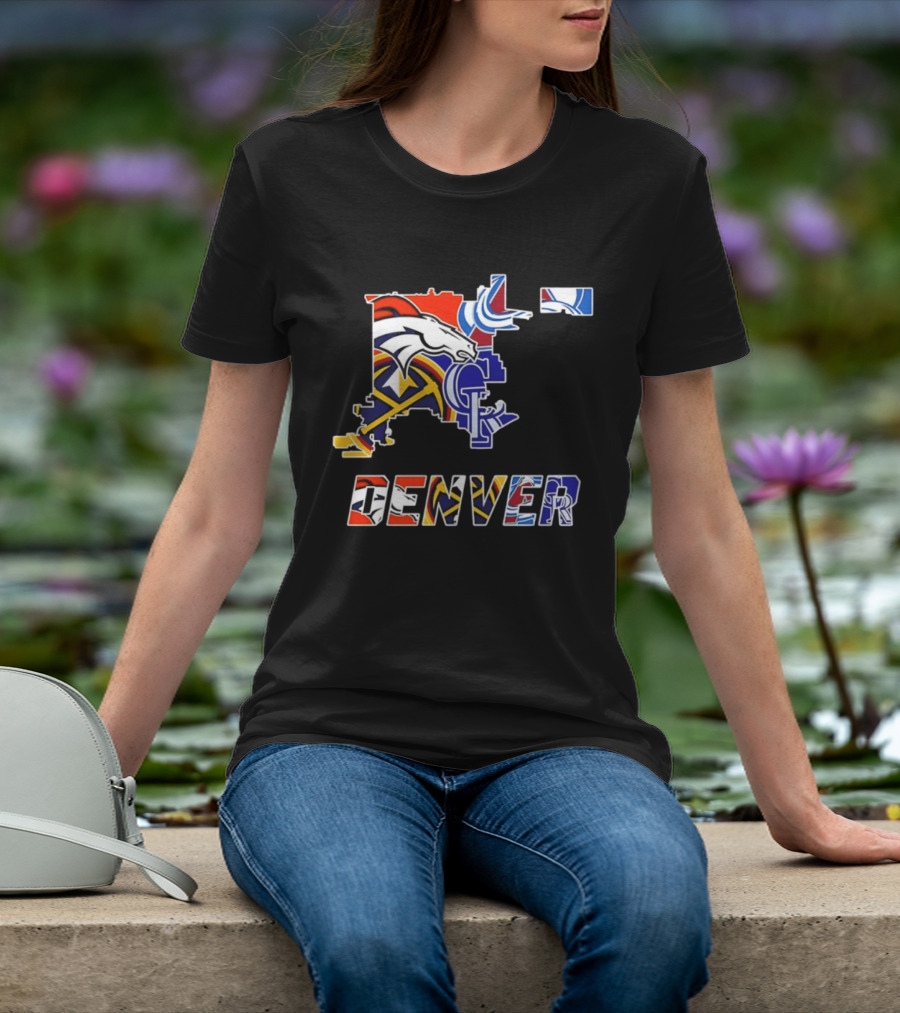 Denver Broncos Nuggets Avalanche Rockies Map Sports Team Logos T-Shirt