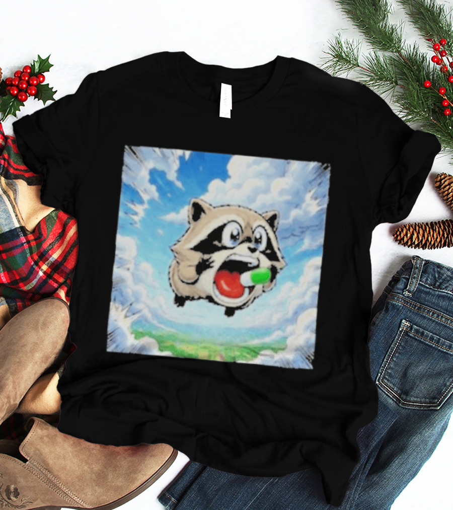 Jimothy Raccoon Cartoon Sky Dive With Colorful Capsule T-Shirt
