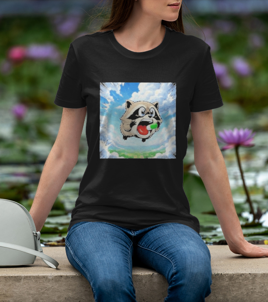 Jimothy Raccoon Cartoon Sky Dive With Colorful Capsule T-Shirt