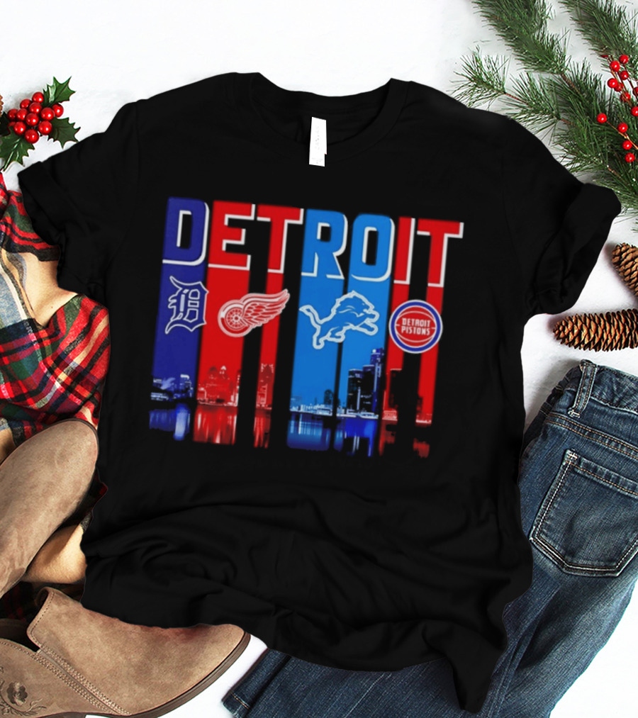 Detroit Tigers Red Wings Lions Pistons City Skyline 2026 T-Shirt