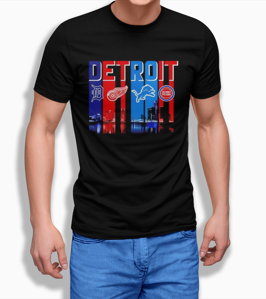 Detroit Tigers Red Wings Lions Pistons City Skyline 2026 T-Shirt