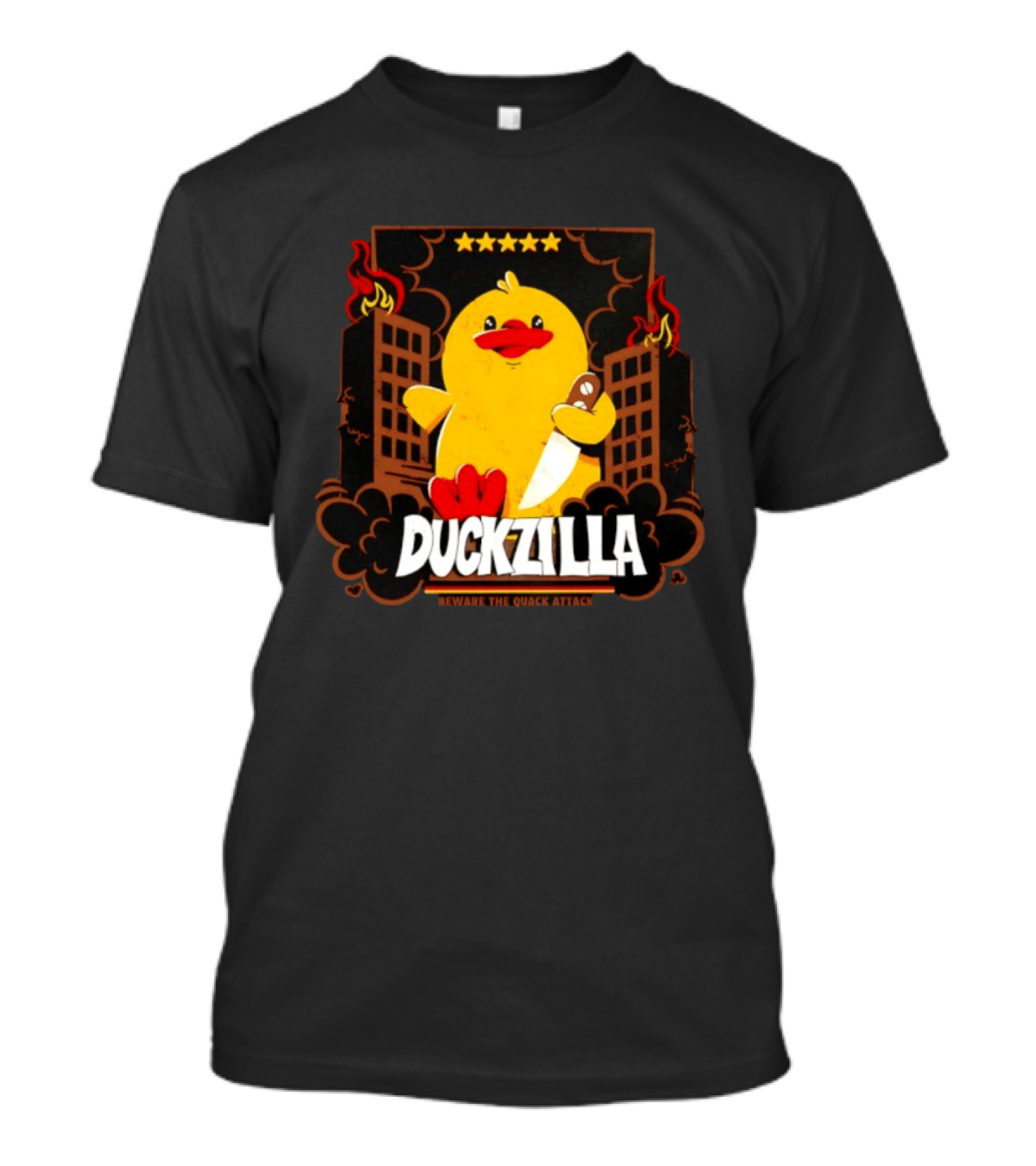 Duckzilla Beware The Quack Attack Knife Wielding Giant Duck With Burning Buildings T-Shirt