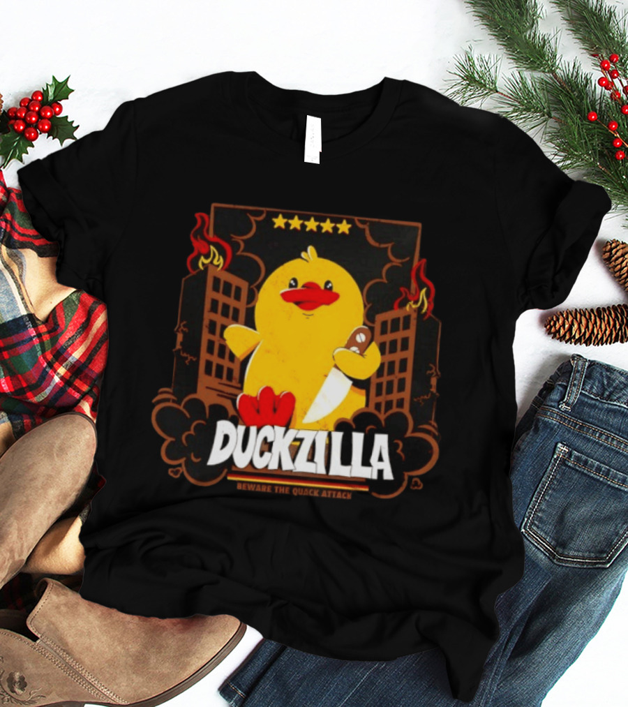 Duckzilla Beware The Quack Attack Knife Wielding Giant Duck With Burning Buildings T-Shirt