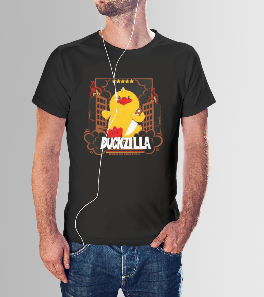 Duckzilla Beware The Quack Attack Knife Wielding Giant Duck With Burning Buildings T-Shirt