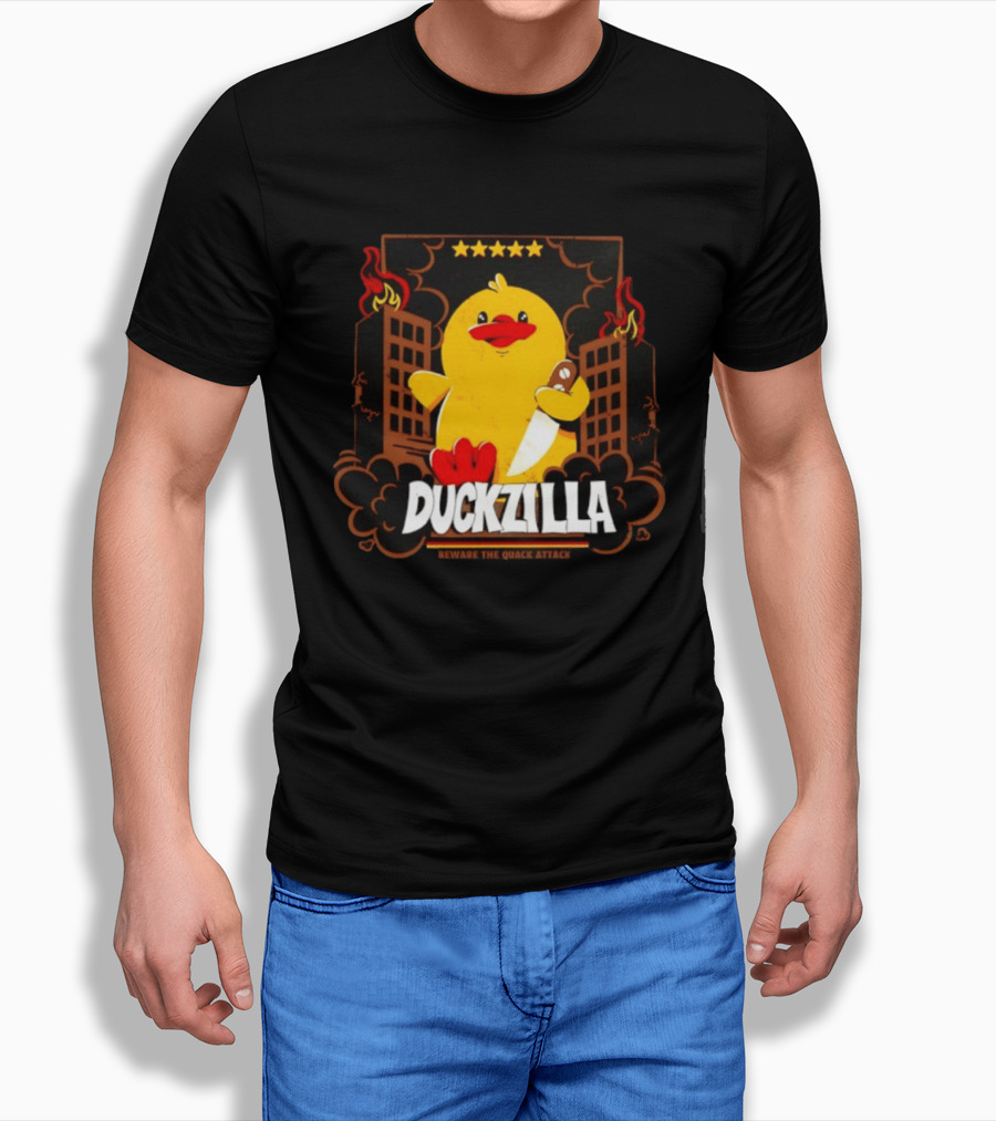 Duckzilla Beware The Quack Attack Knife Wielding Giant Duck With Burning Buildings T-Shirt