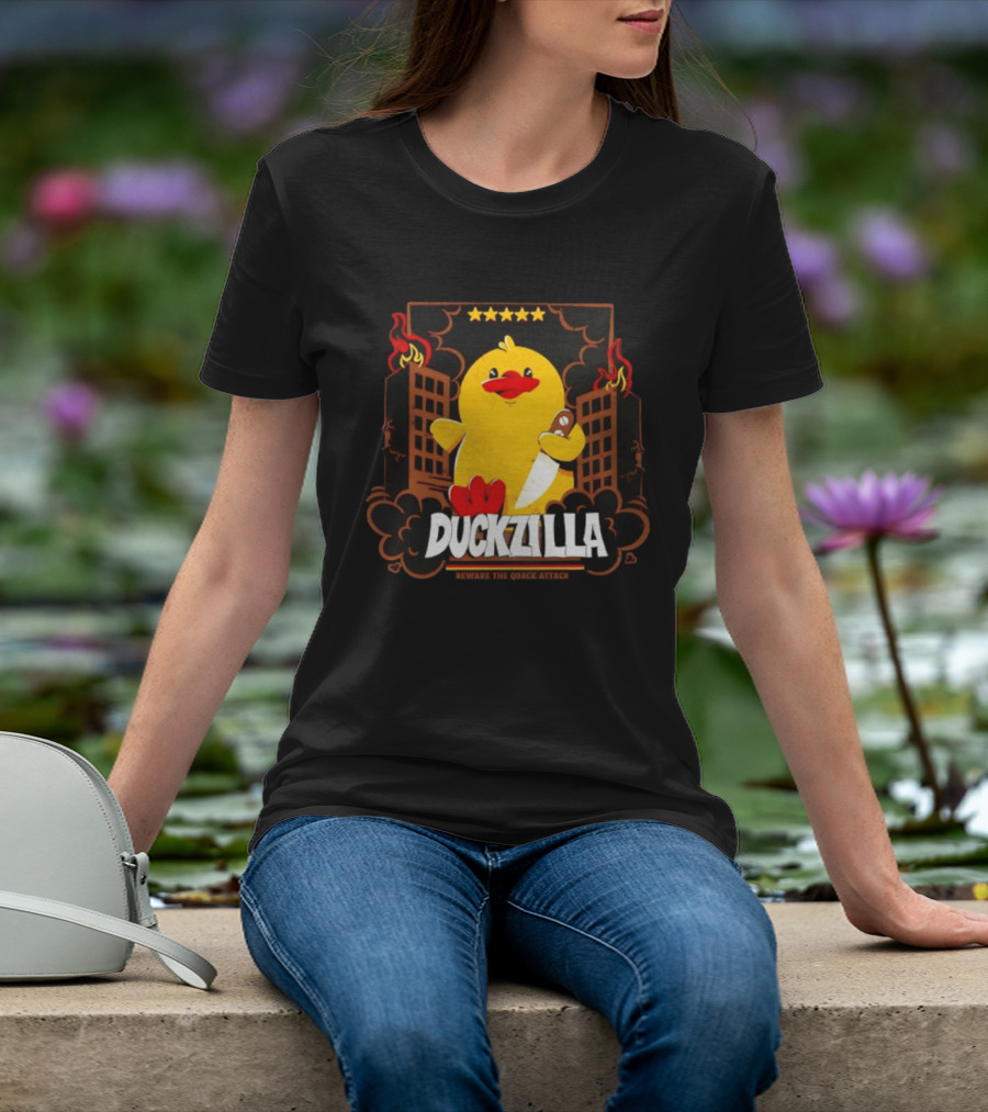 Duckzilla Beware The Quack Attack Knife Wielding Giant Duck With Burning Buildings T-Shirt