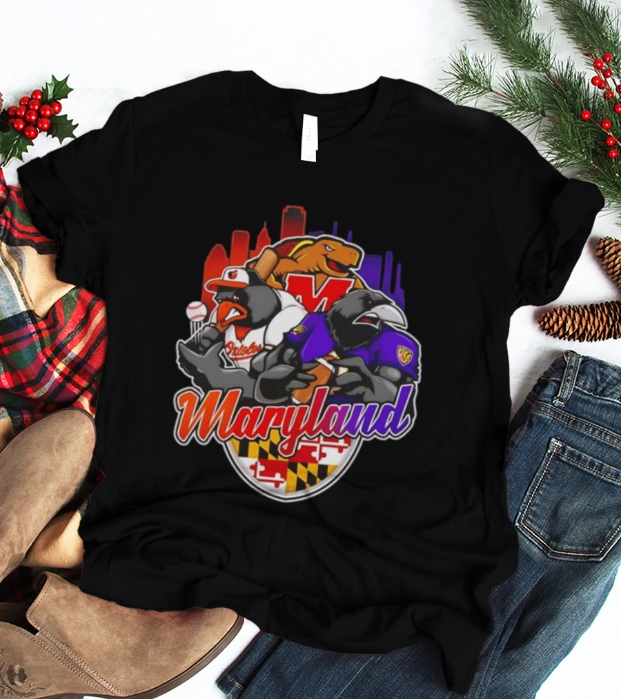 Maryland Orioles Ravens Terrapins Skyline Mashup With Flag T-Shirt