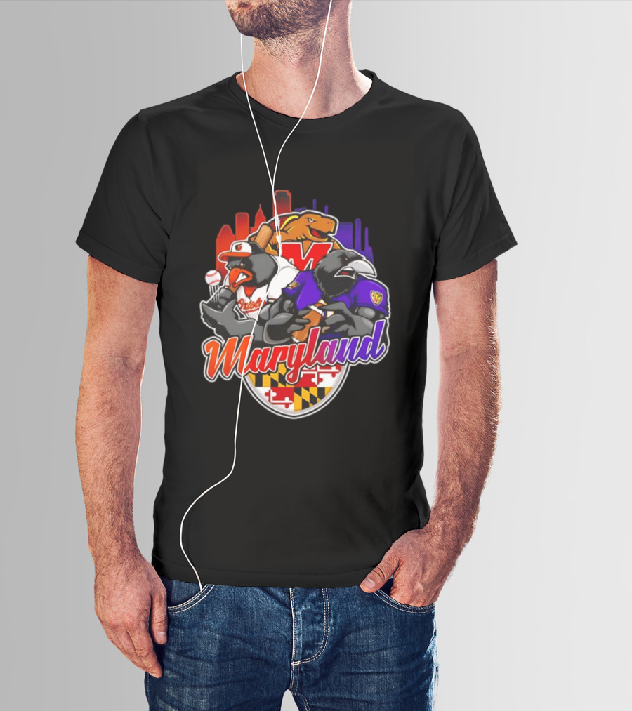 Maryland Orioles Ravens Terrapins Skyline Mashup With Flag T-Shirt