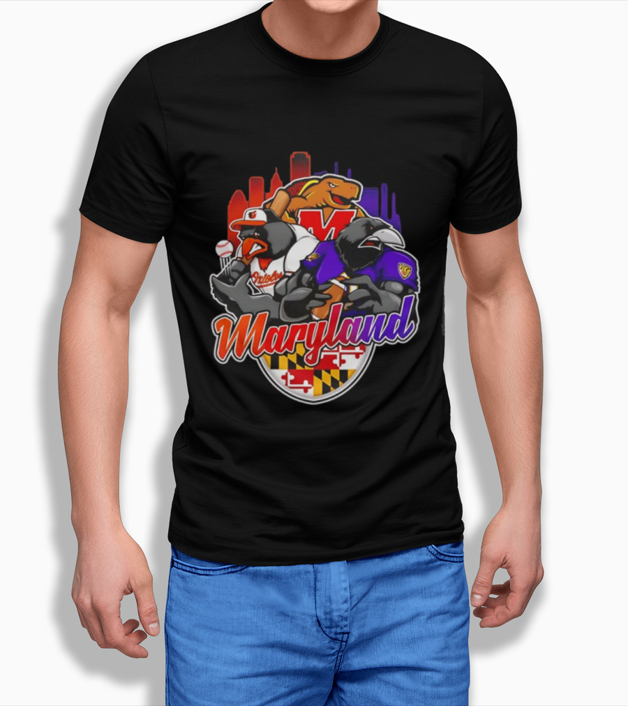 Maryland Orioles Ravens Terrapins Skyline Mashup With Flag T-Shirt