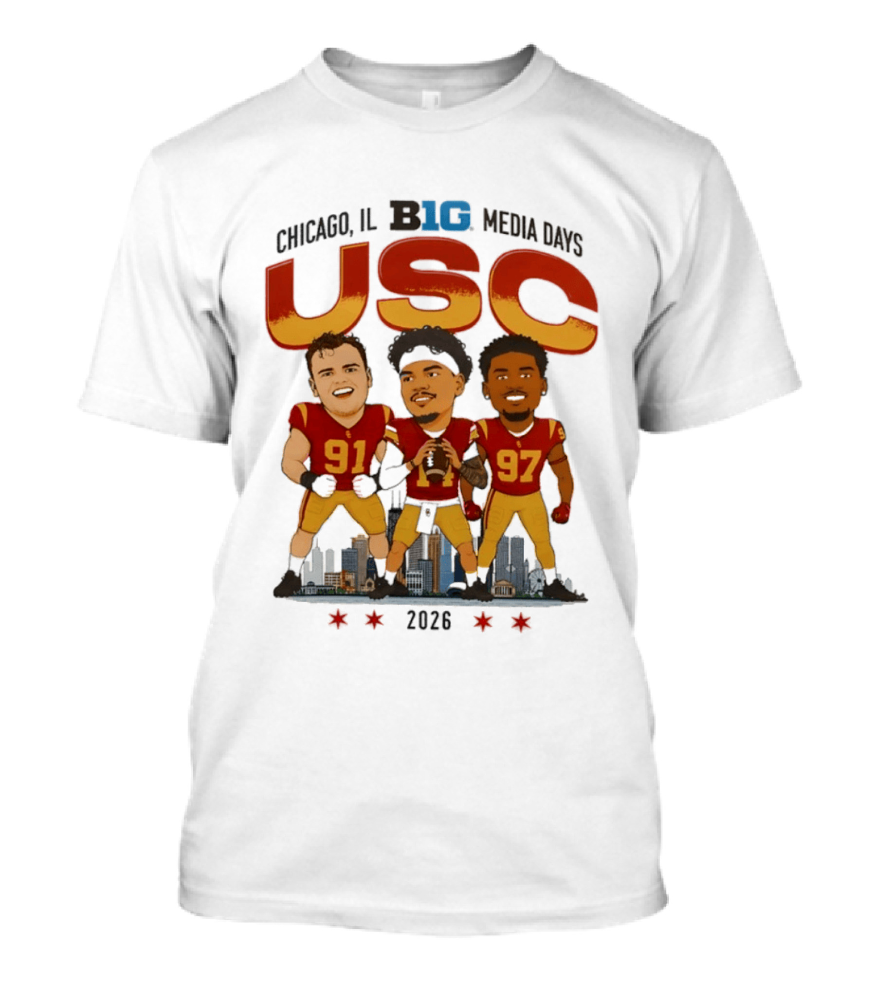 USC Trojans Big Ten Media Days 2026 Chicago Skyline Caricature Jayden Maiava Alex VanSumeren Jide Abasiri T-Shirt