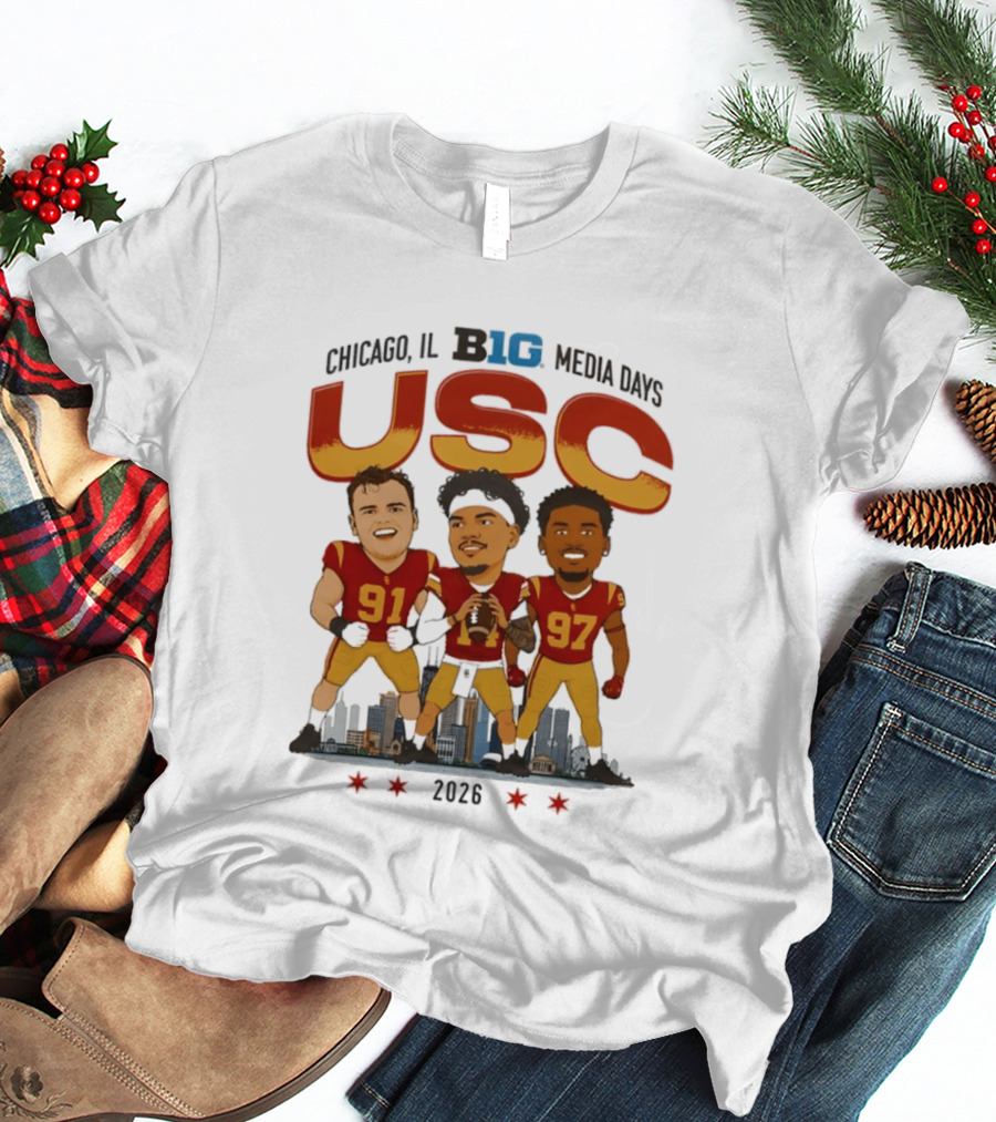 USC Trojans Big Ten Media Days 2026 Chicago Skyline Caricature Jayden Maiava Alex VanSumeren Jide Abasiri T-Shirt