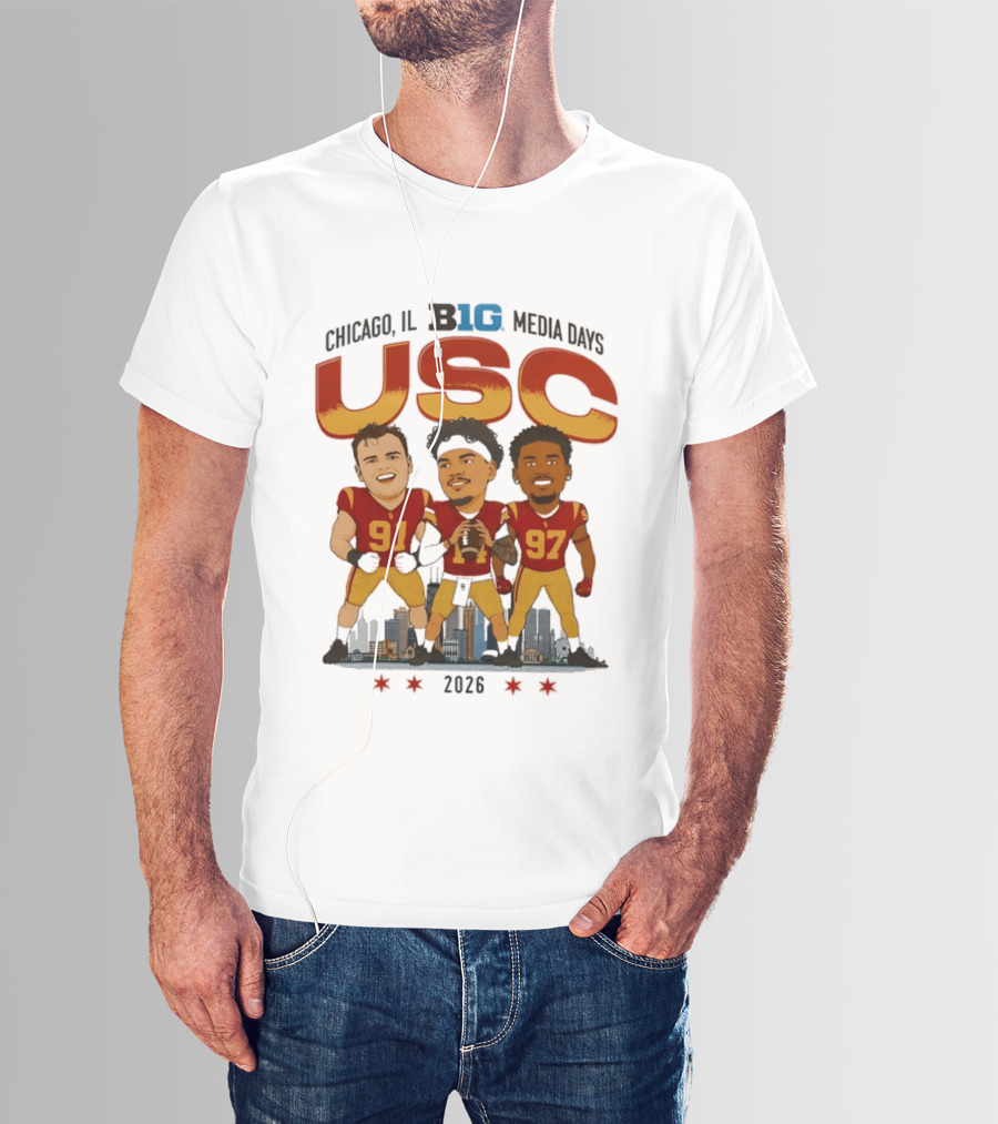 USC Trojans Big Ten Media Days 2026 Chicago Skyline Caricature Jayden Maiava Alex VanSumeren Jide Abasiri T-Shirt