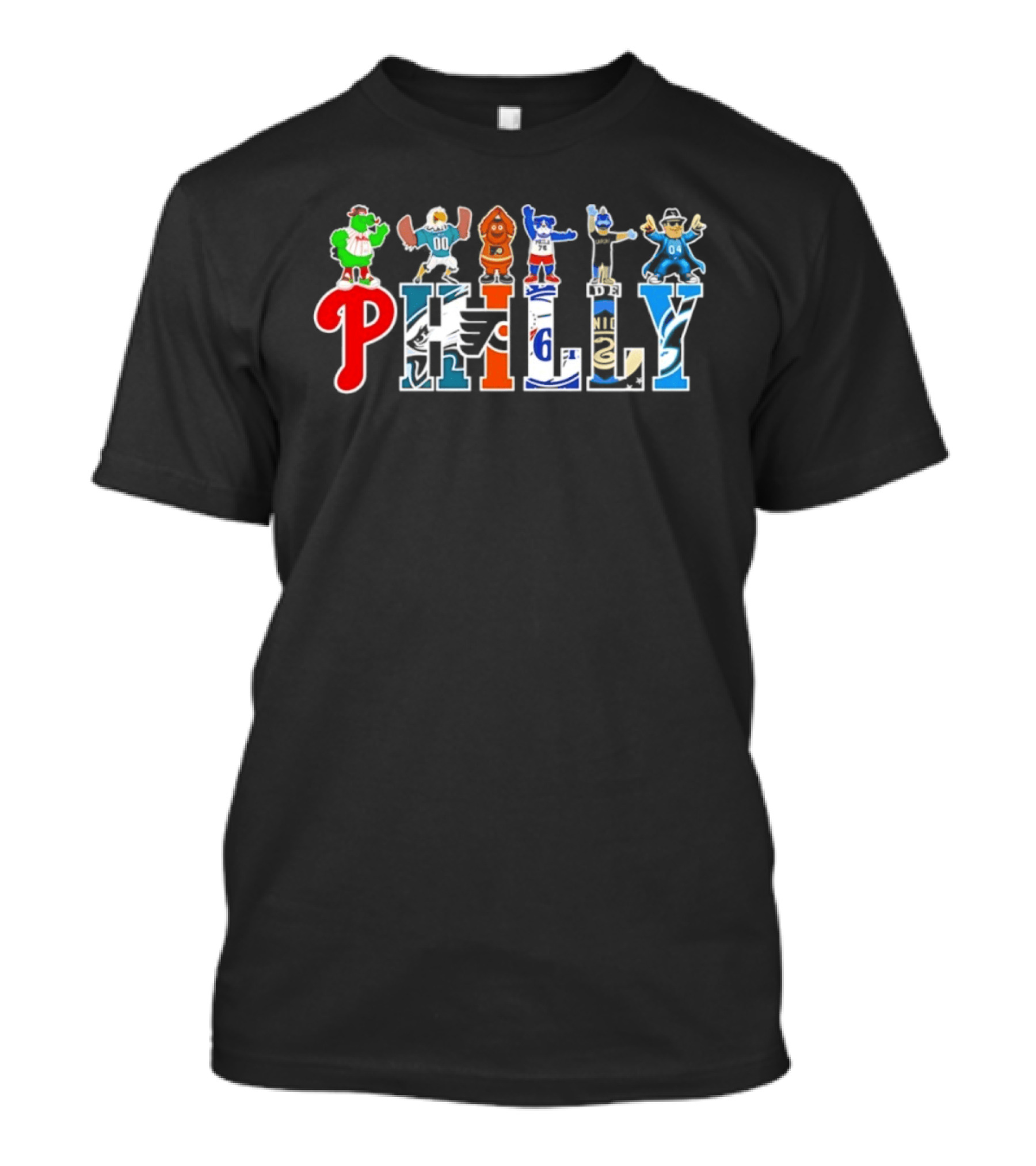 Philly Mascots 2026 Phillies Eagles Flyers Sixers Union Phanatic Gritty Swoop Franklin Fang T-Shirt