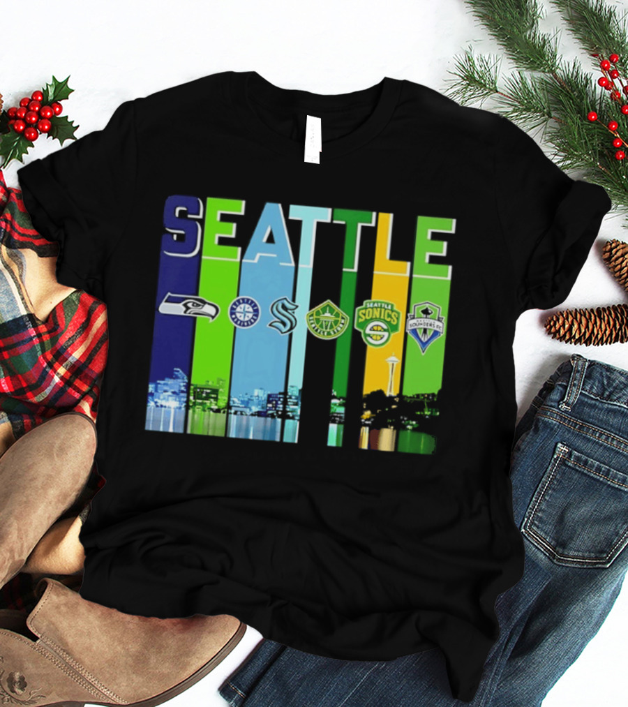 Seattle Seahawks Mariners Kraken Sonics Storm Sounders City Skyline T-Shirt
