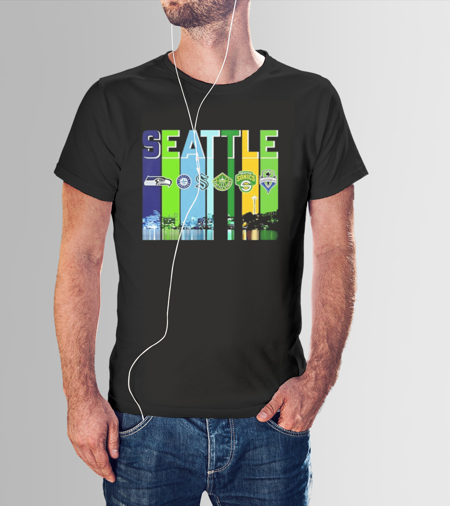 Seattle Seahawks Mariners Kraken Sonics Storm Sounders City Skyline T-Shirt