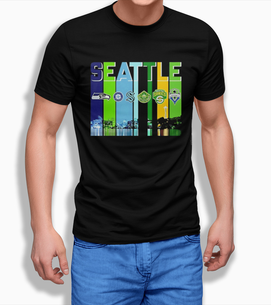 Seattle Seahawks Mariners Kraken Sonics Storm Sounders City Skyline T-Shirt
