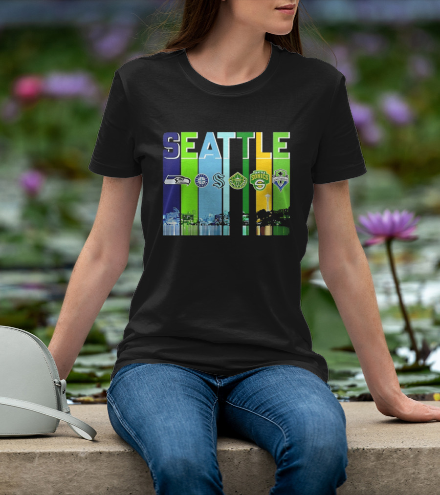 Seattle Seahawks Mariners Kraken Sonics Storm Sounders City Skyline T-Shirt