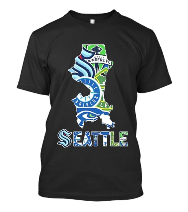 Seattle Kraken Mariners Seahawks Sounders FC Map Collage 2026 T-Shirt