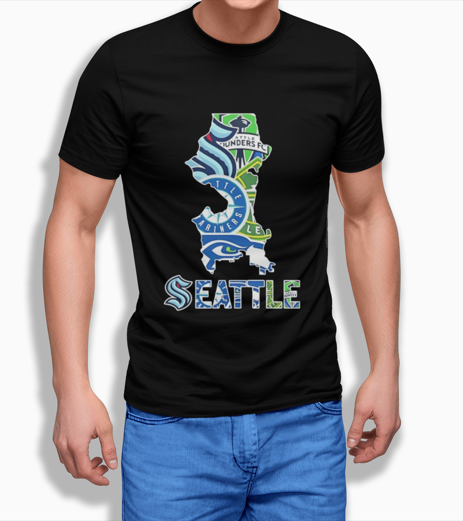 Seattle Kraken Mariners Seahawks Sounders FC Map Collage 2026 T-Shirt