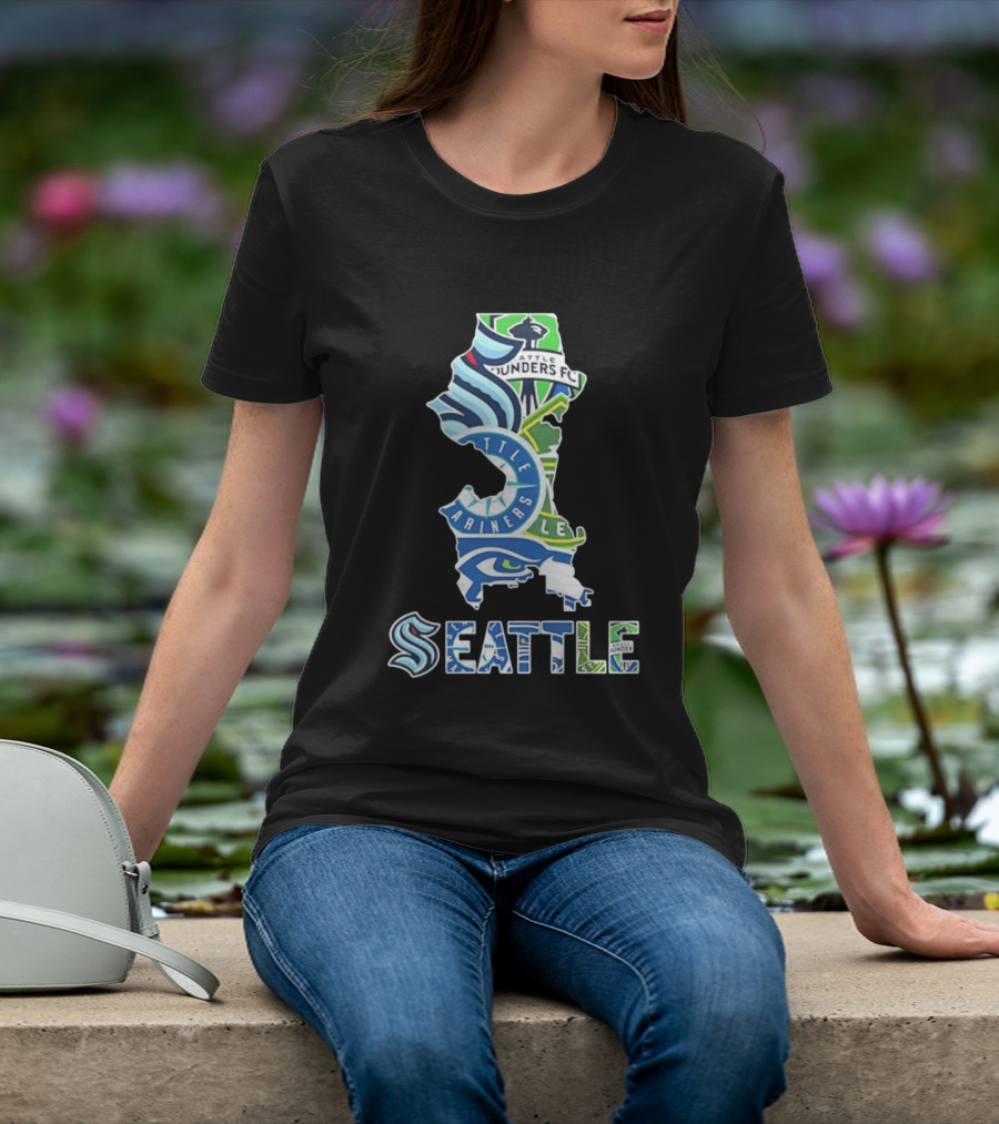Seattle Kraken Mariners Seahawks Sounders FC Map Collage 2026 T-Shirt