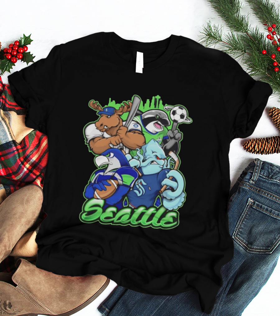Seattle Sports Team Mascot Mashup With Moose Orca Octopus Bird Skyline T-Shirt