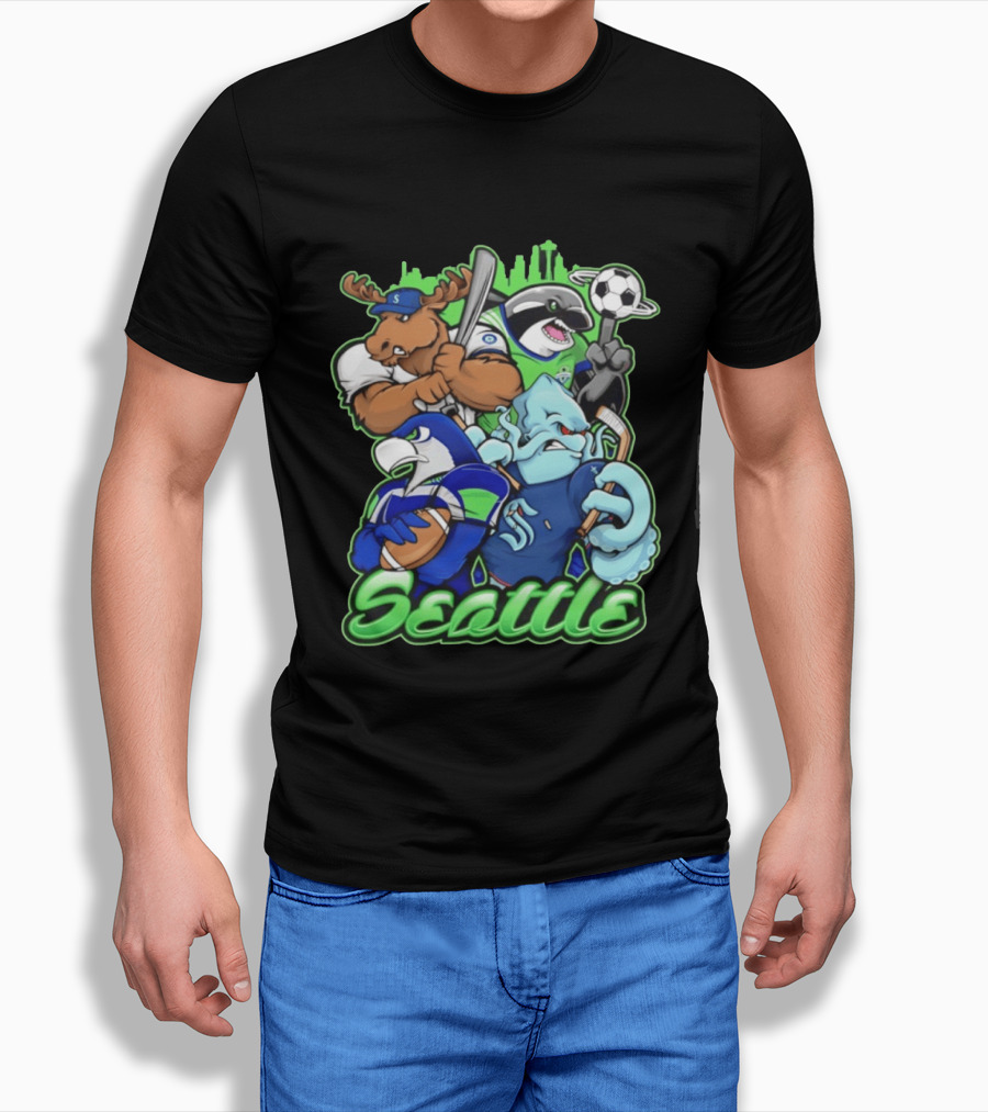 Seattle Sports Team Mascot Mashup With Moose Orca Octopus Bird Skyline T-Shirt