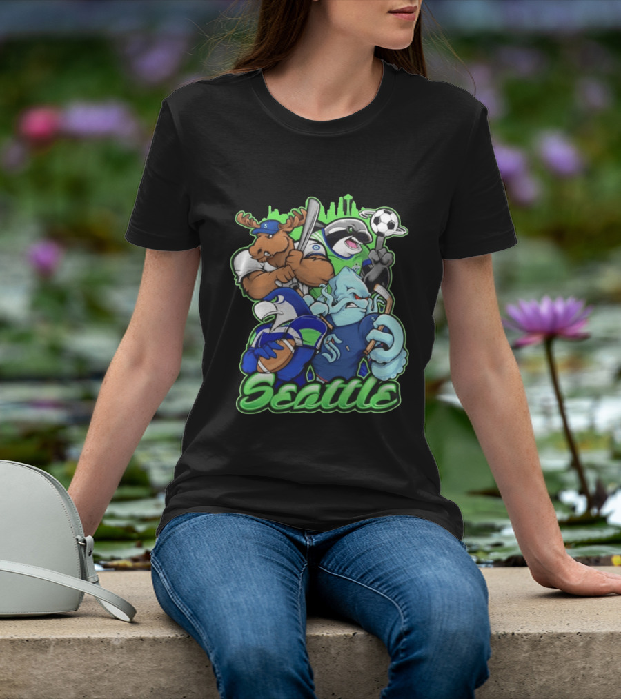 Seattle Sports Team Mascot Mashup With Moose Orca Octopus Bird Skyline T-Shirt