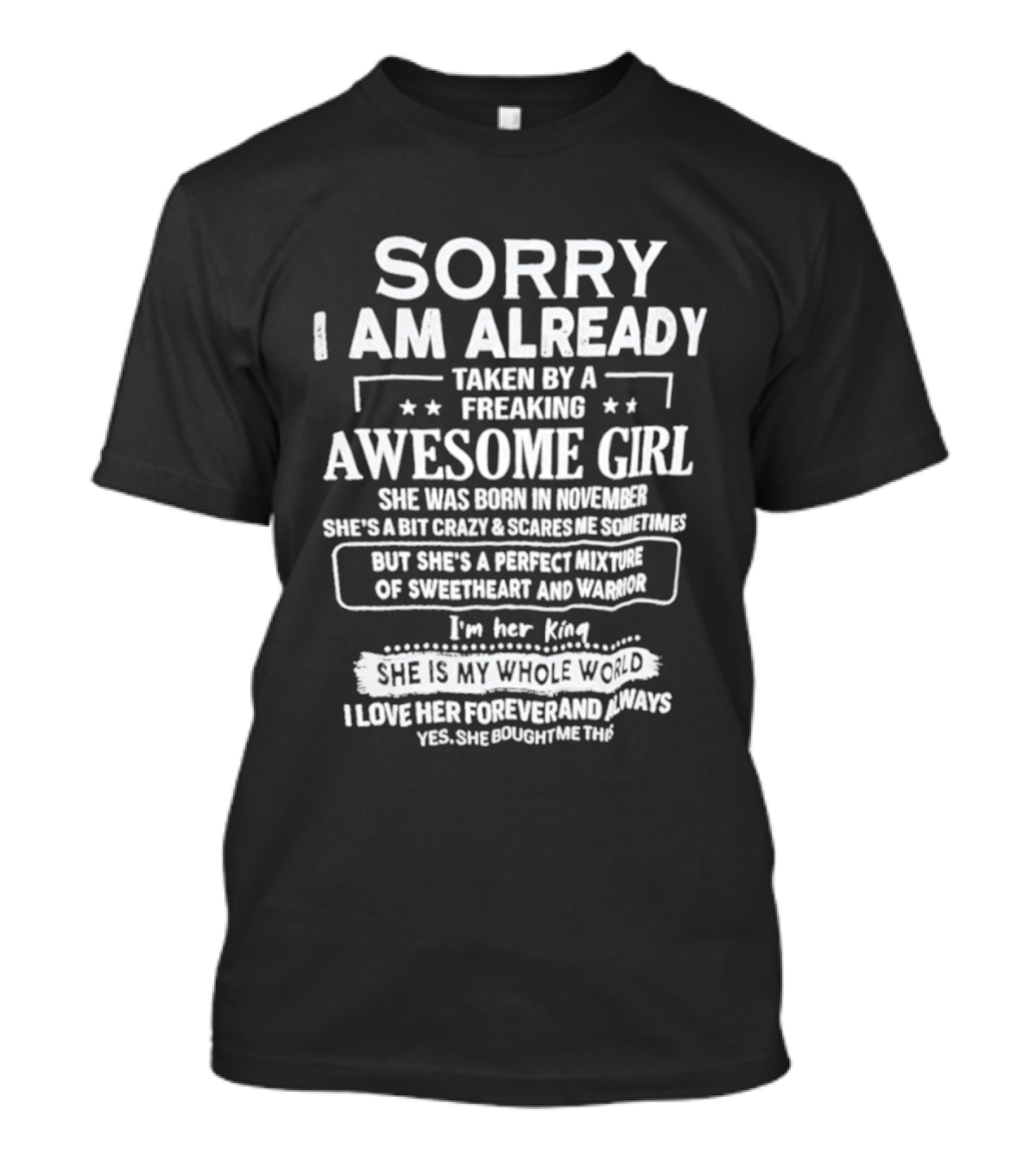 Sorry I Am Already Taken By A Freaking Awesome Girl Born In November Crazy Coworker Perfect Mixture Of Sweetheart And Warrior T-Shirt