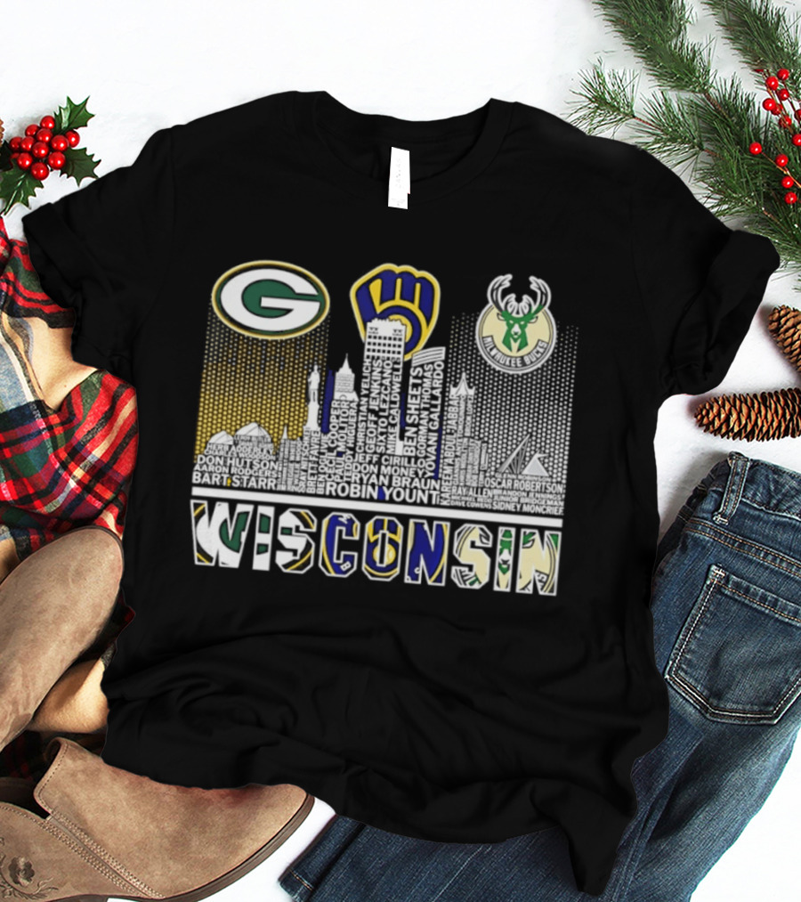 Wisconsin Green Bay Packers Milwaukee Brewers Bucks City Skyline Logos T-Shirt
