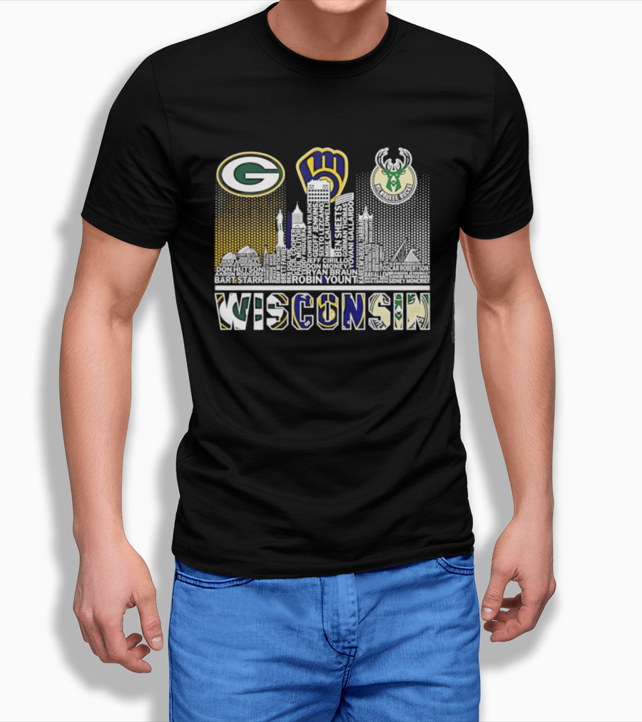 Wisconsin Green Bay Packers Milwaukee Brewers Bucks City Skyline Logos T-Shirt