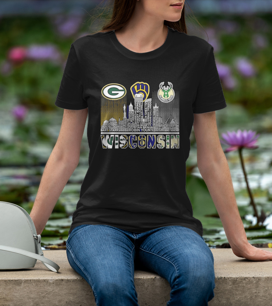 Wisconsin Green Bay Packers Milwaukee Brewers Bucks City Skyline Logos T-Shirt