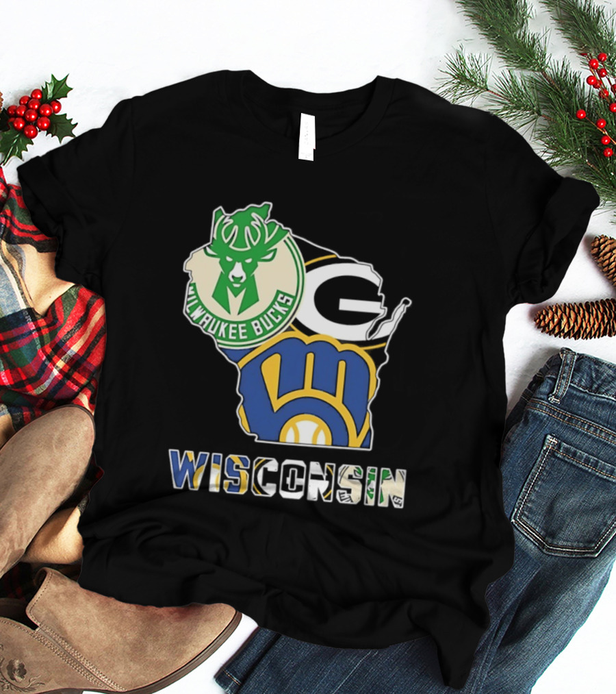 Milwaukee Bucks Green Bay Packers Milwaukee Brewers Wisconsin Map T-Shirt