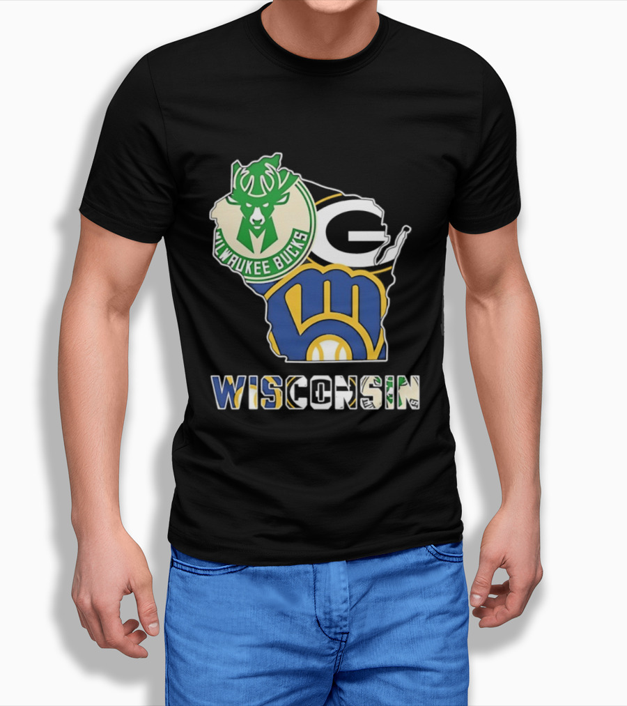 Milwaukee Bucks Green Bay Packers Milwaukee Brewers Wisconsin Map T-Shirt