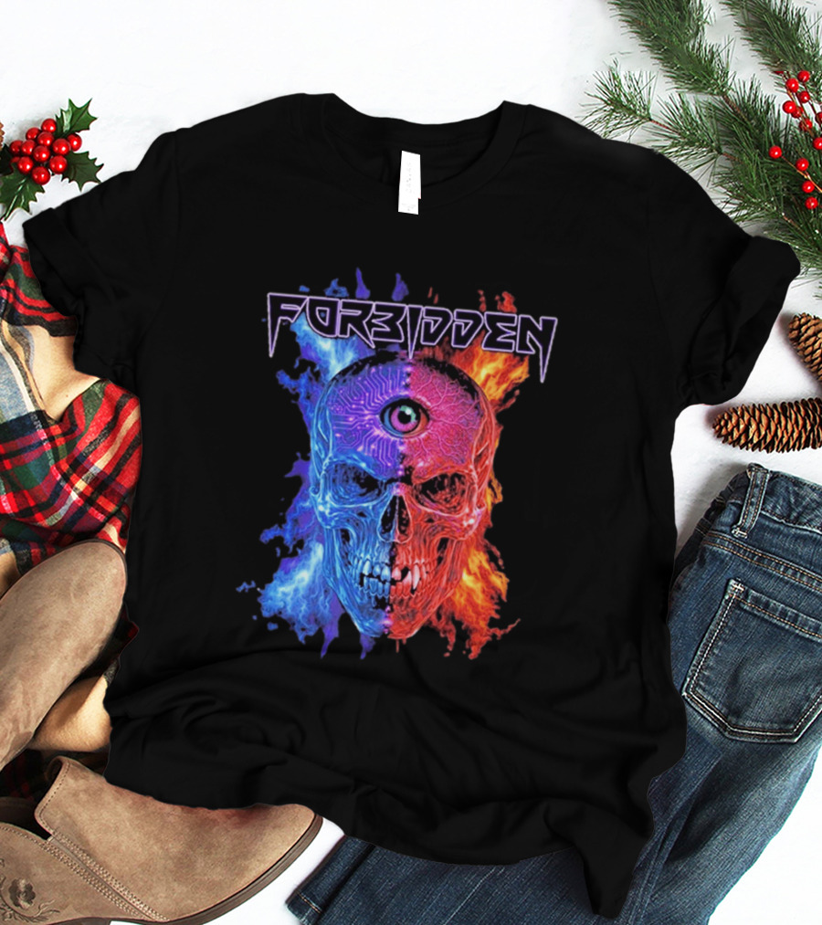 FORBIDDEN Skull Eye Flames Blue Red Fusion T-Shirt