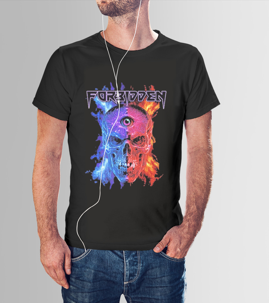 FORBIDDEN Skull Eye Flames Blue Red Fusion T-Shirt