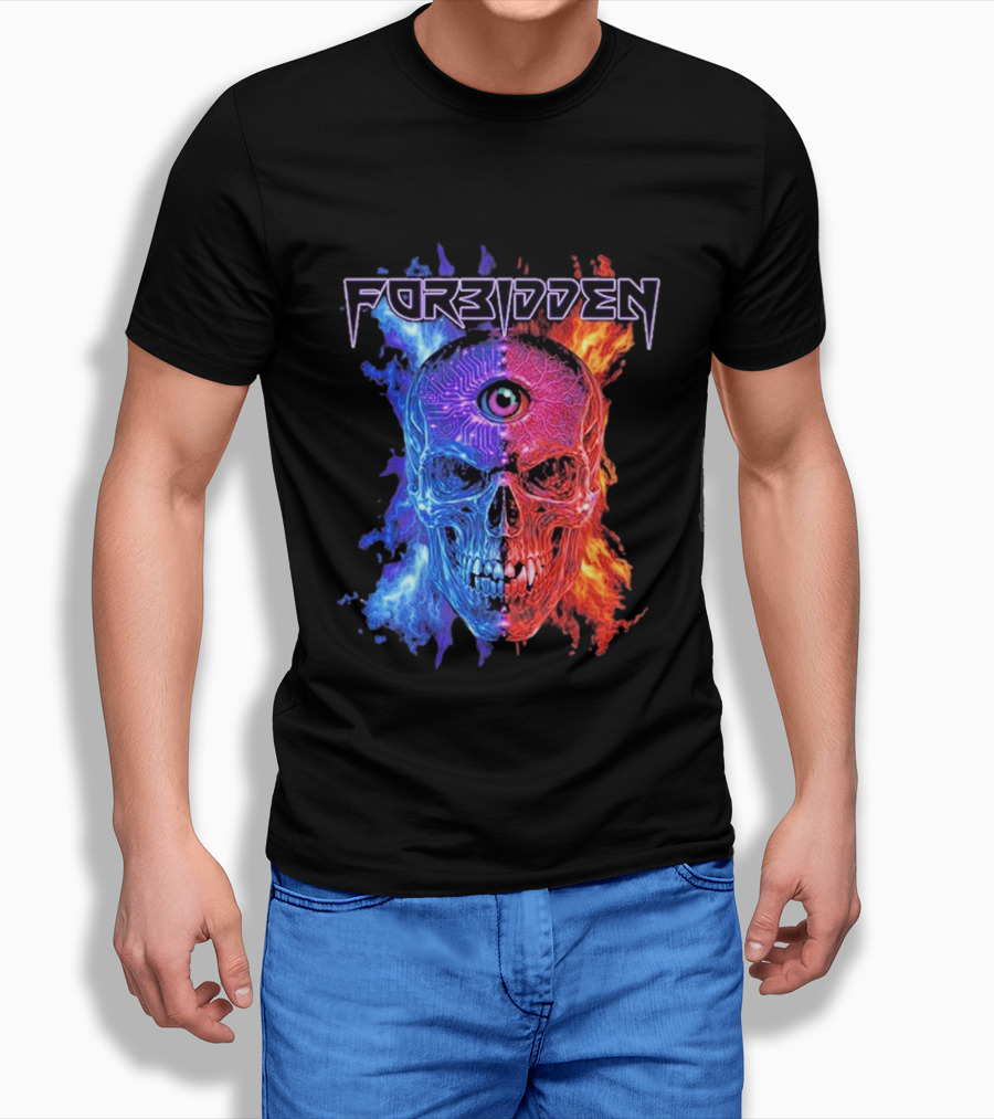 FORBIDDEN Skull Eye Flames Blue Red Fusion T-Shirt