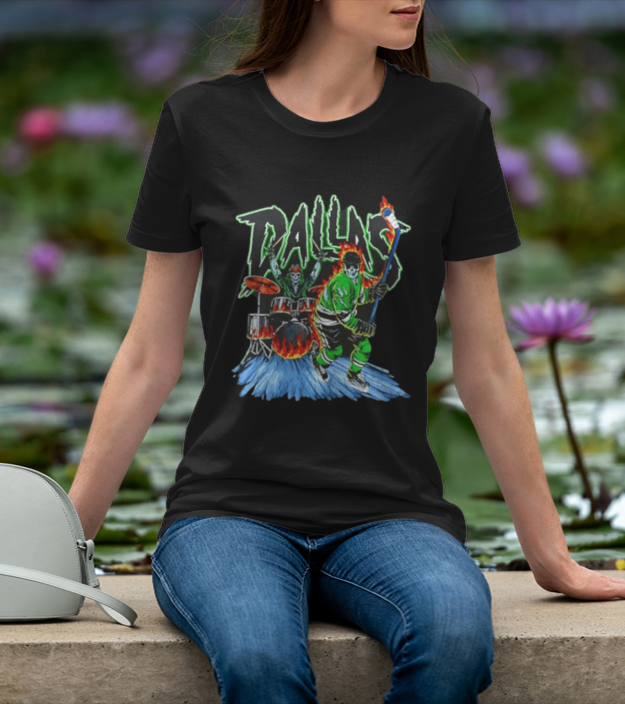 Dallas Stars Skeleton Hockey Fire With Drummer T-Shirt