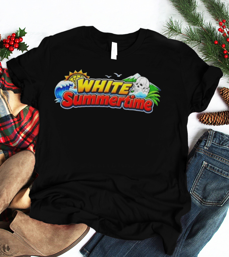 White Summertime Skull Ocean Beach Sun Palm Birds T-Shirt