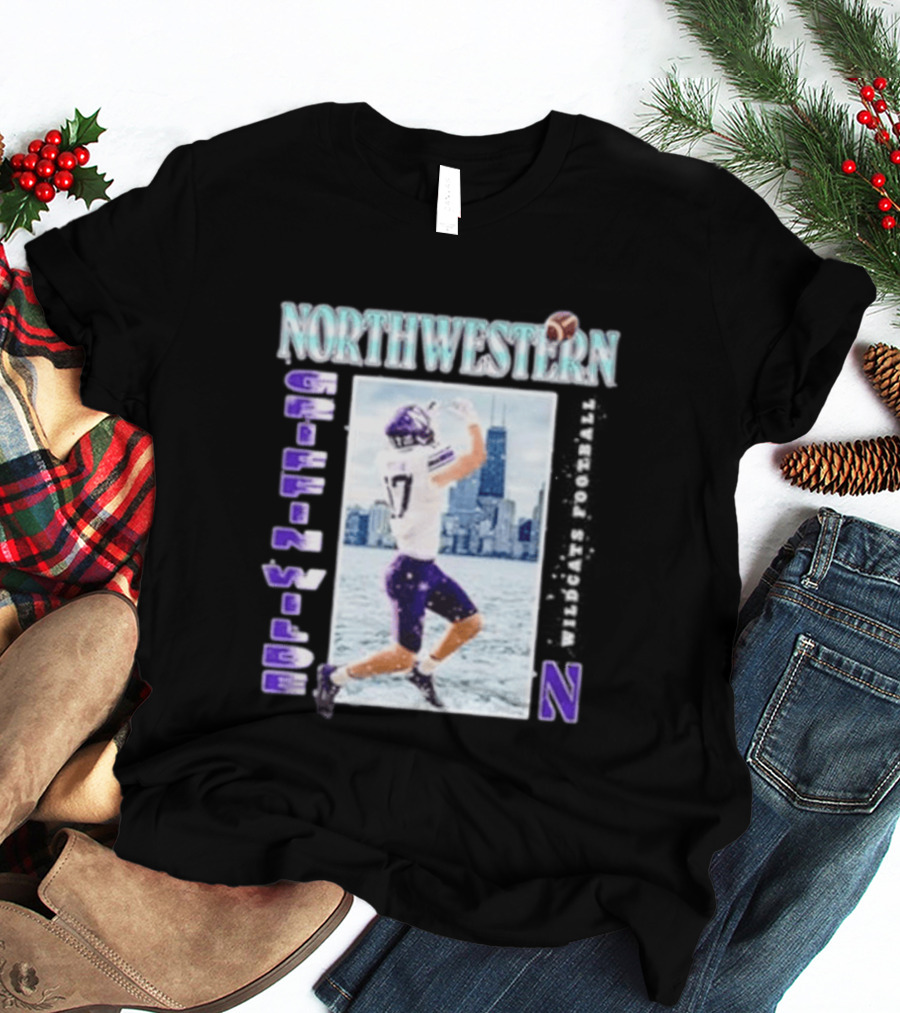 Northwestern Wildcats Football Griffin Wilde No 17 Chicago Skyline T-Shirt