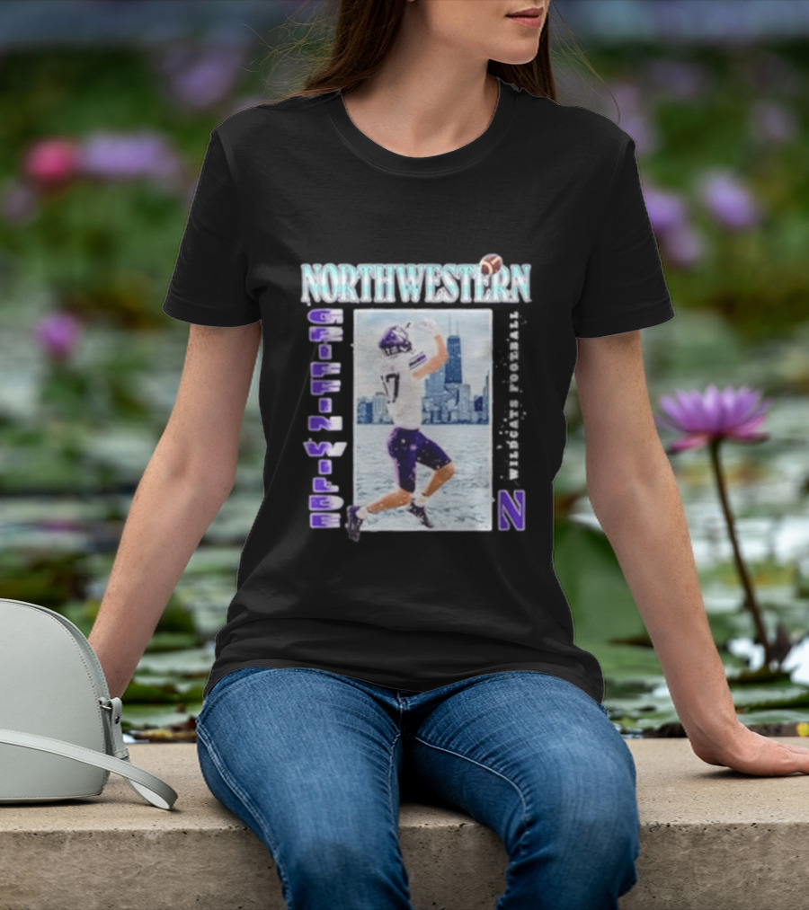 Northwestern Wildcats Football Griffin Wilde No 17 Chicago Skyline T-Shirt