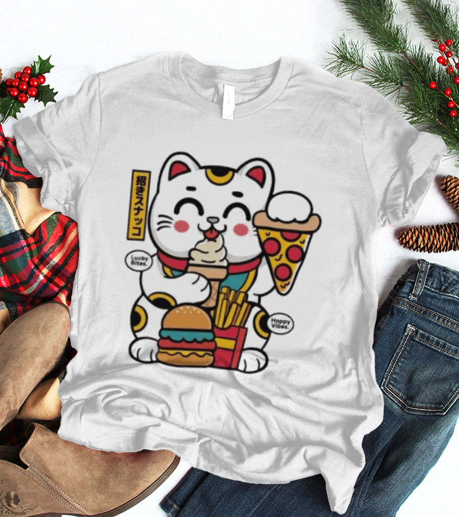 Lucky Bites Happy Vibes Maneki Neko Cat Ice Cream Pizza Burger Fries T-Shirt
