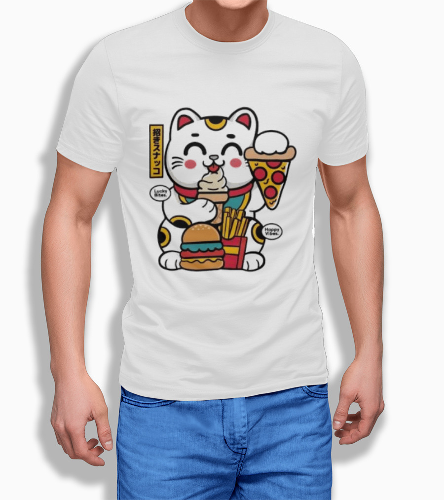 Lucky Bites Happy Vibes Maneki Neko Cat Ice Cream Pizza Burger Fries T-Shirt
